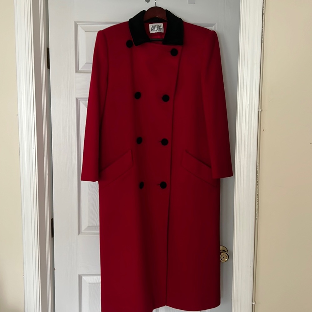 Vintage Bill Blass 12 Red Double Breasted Wool Black Velvet Collar Long Coat